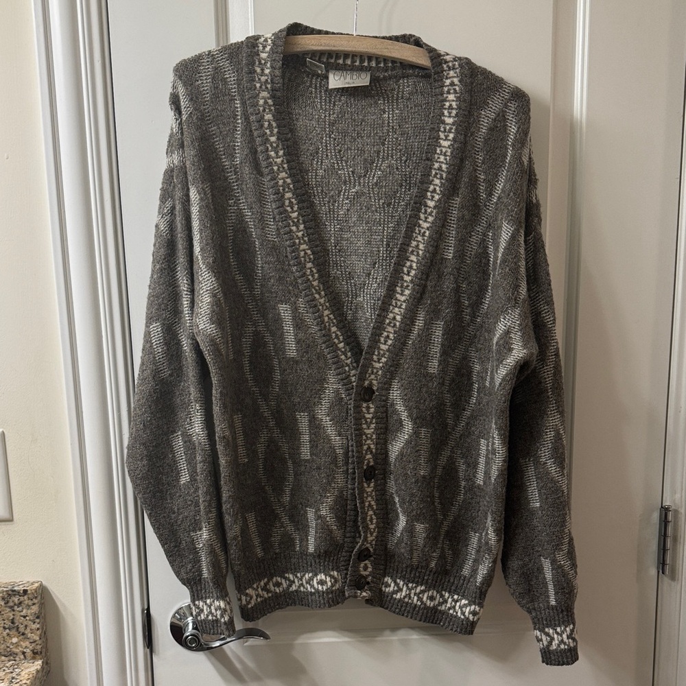Vintage Cambio Gray and White Patterned Knit Cardigan Sweater Size S